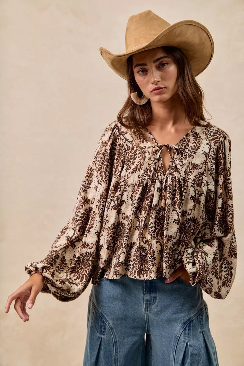BiBi Printed Woven Front Tied Blouse with Baloon Sleeve - SwagglyLife Home & Fashion
